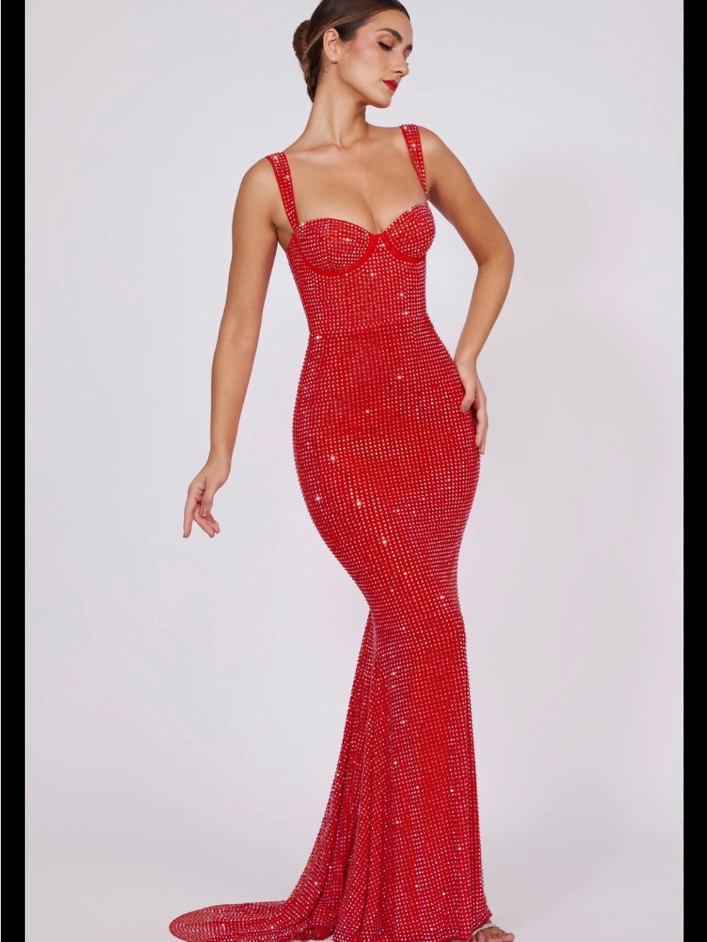 Oh Polly Red Crystal-Embellished Maxi Gown